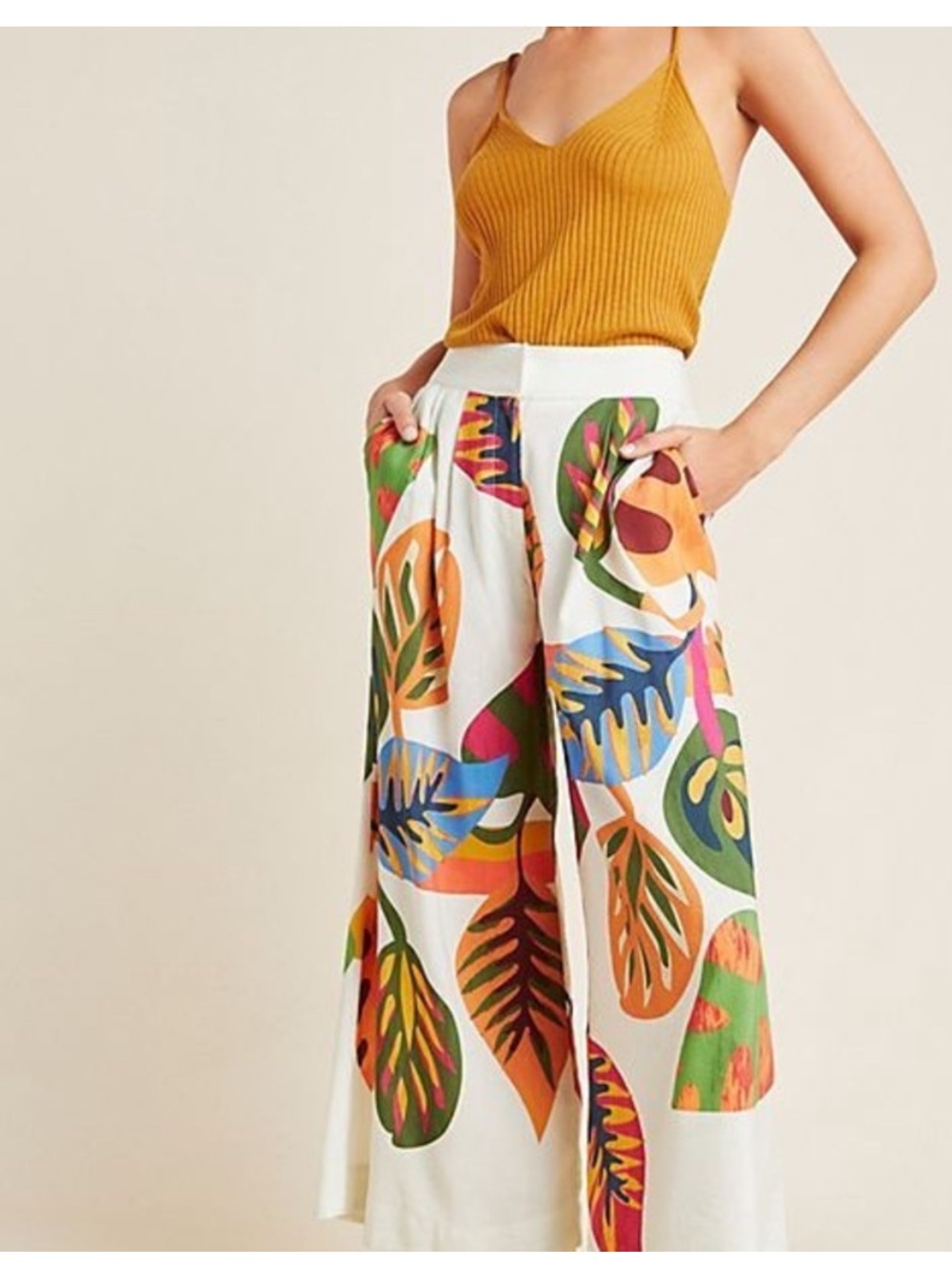 EUC Farm Rio Anthropologie Tropical Palm Leaf Wide Leg Pant size small